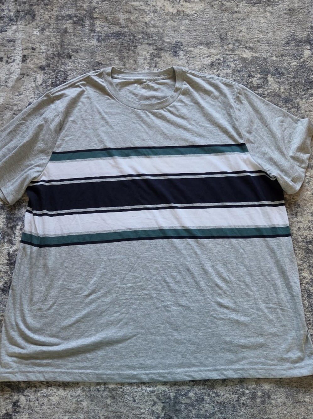 Old Navy Light Gray Short Sleeve Crewneck with Navy, White & Teal Stripes